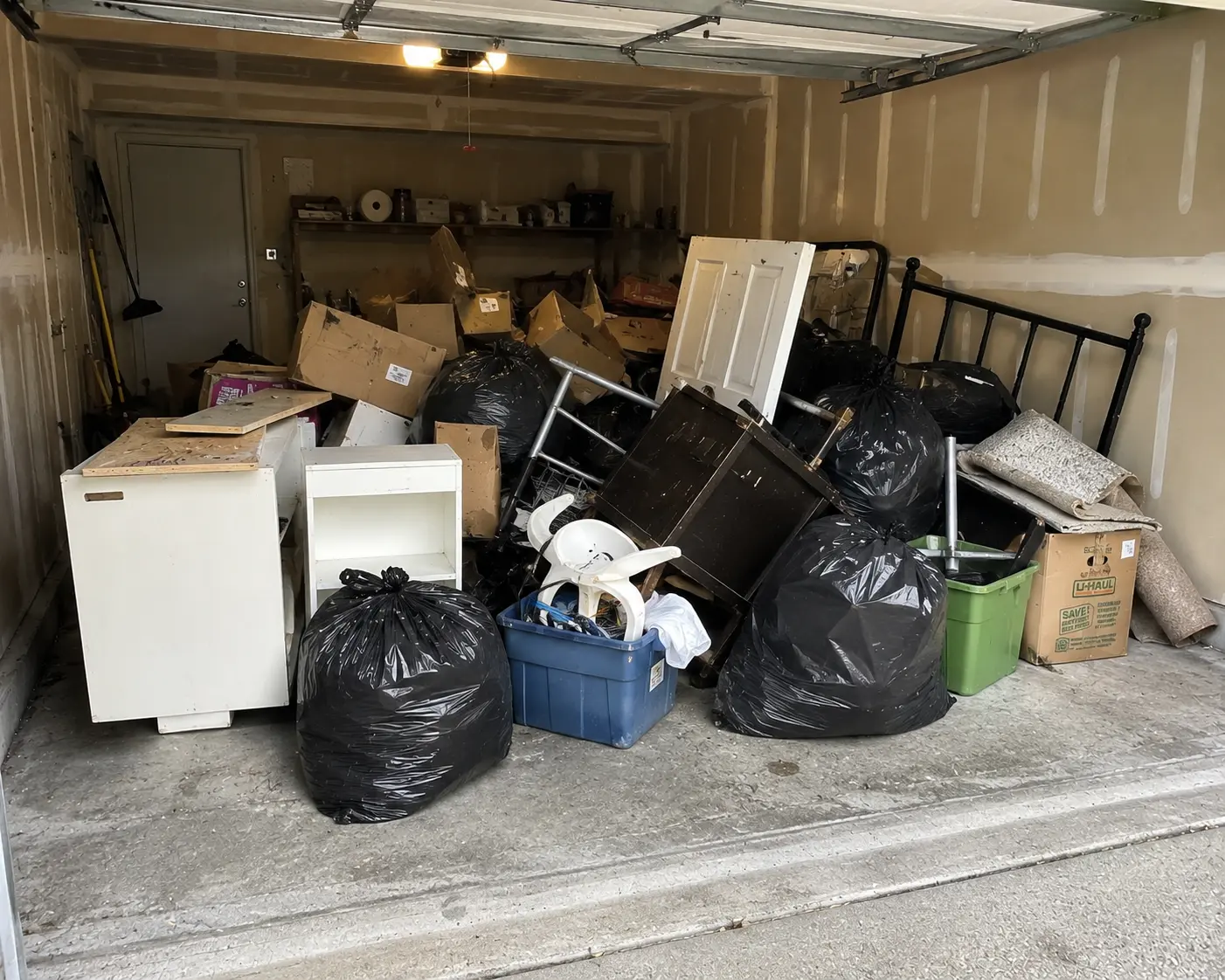 Residential garage full of furniture, boxes and bagged junk before removal