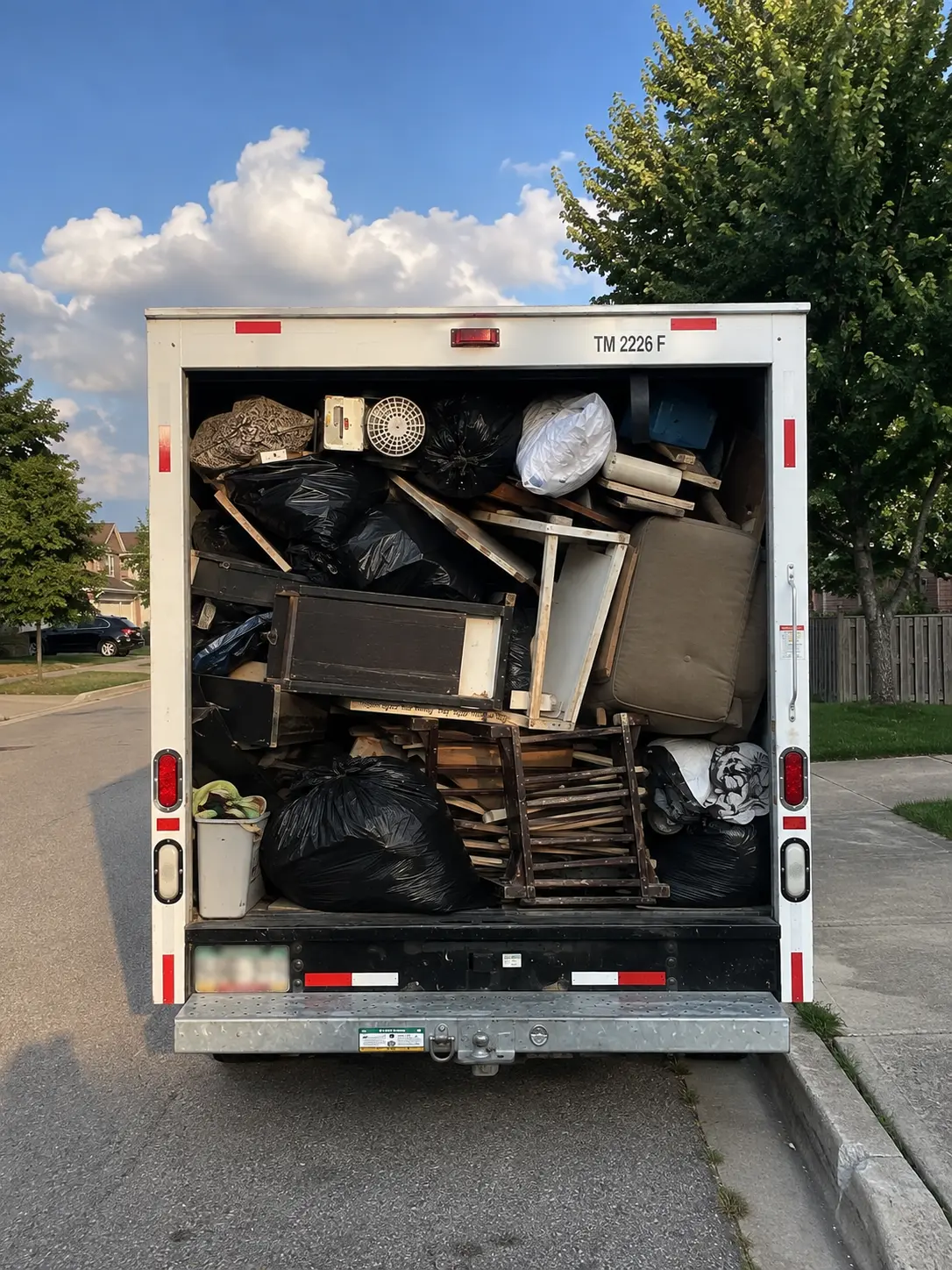 Truck loaded to the roof with furniture, wood and bagged household junk after a cleanout