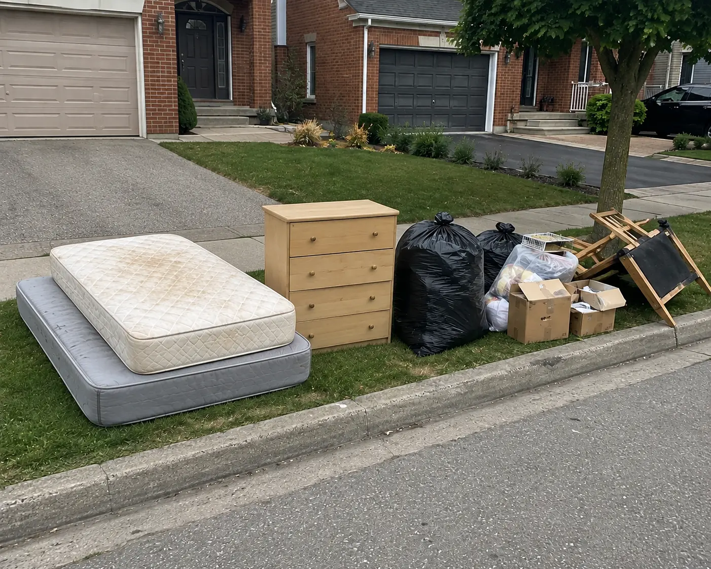 Mattress, dresser and garbage bags at a residential curb before junk removal